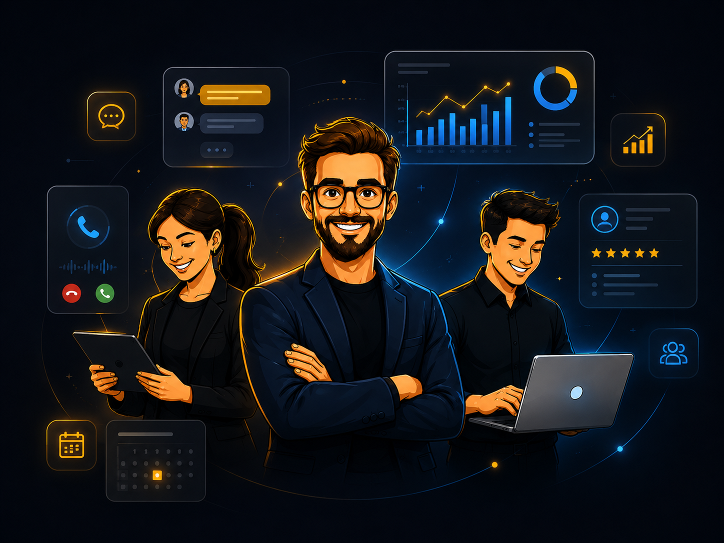 Illustrated Konectd AI receptionist and support team